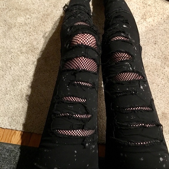 Royal Bones Denim - Black fishnet skinny jeans with metallic splatter